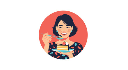 Smiling woman enjoys a slice of cake with a strawberry on top with a fork.