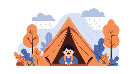 A happy child peeks out of an orange tent during a rainy day in a forest setting.