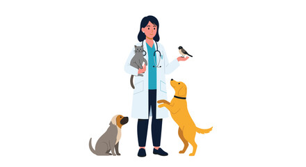 Veterinarian holding a cat, with a bird on her hand and two dogs nearby;.