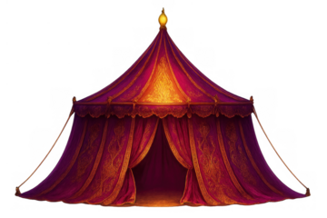 Vibrant fantasy circus tent with golden ornate patterns, showing a magical event or festival entrance on transparent background