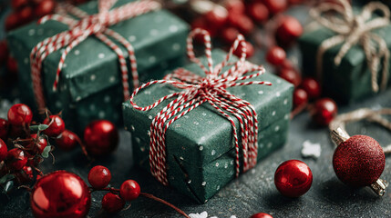 A festive scene featuring green gift boxes wrapped in red and white twine, accompanied by ornaments and berries, conveying holiday cheer, Christmas and New Year spirit, and gift exchange