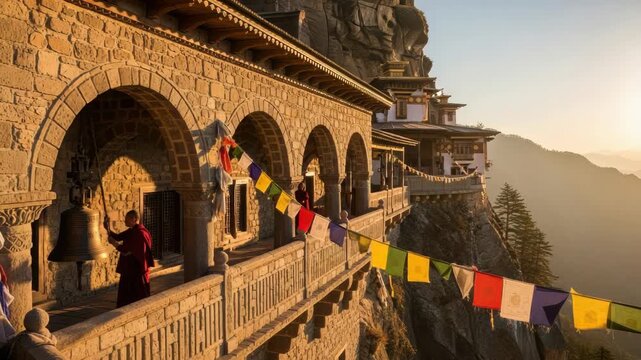 Sequence of a buddhist monk ringing a large temple bell at a sacred cliffside monastery. Paro taktsang landmark in bhutan during a peaceful and spiritual golden hour sunrise