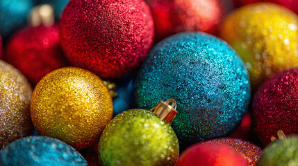 Close-up of colorful Christmas ornaments in vibrant red, blue, yellow, and green