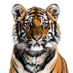 Fototapeta premium A striking close-up portrait of a young tiger against a stark black background.