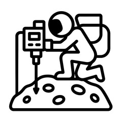 Thin-line astronaut collecting microbial sample from asteroid using AI lab probe. Flat vector, ideal for astrobiology UI, deep-space research systems and autonomous exploration technology.