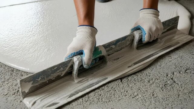 Worker applying a self leveling screed on a concrete floor during renovation. Builder hands using a trowel to smooth the epoxy resin mortar for a new surface coating