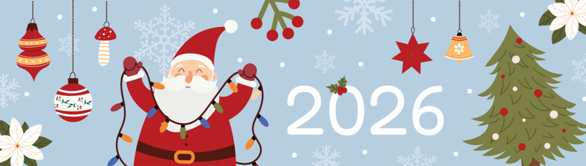 2026 Happy New Year. Festive winter banner with Santa holding Christmas lights, decorated tree, ornaments and snowflakes. Cute holiday illustration for cards, greetings, web designs and print.