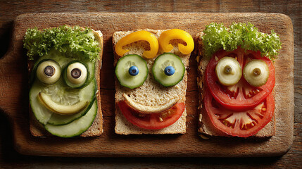 Creative sandwich faces with cucumber, tomatoes, and fresh vegetables on a wooden board