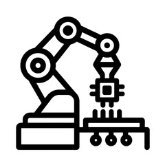 Black robotic arm placing microchip icon, symbolizing precision automation and smart manufacturing. Flat vector, thick outline, ideal for industry 4.0, AI engineering and tech UI.
