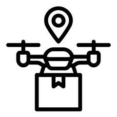Black drone delivery icon with GPS pin symbol, representing autonomous logistics and real-time tracking. Flat vector, thick outline, ideal for tech apps, AI delivery systems and smart transportation.