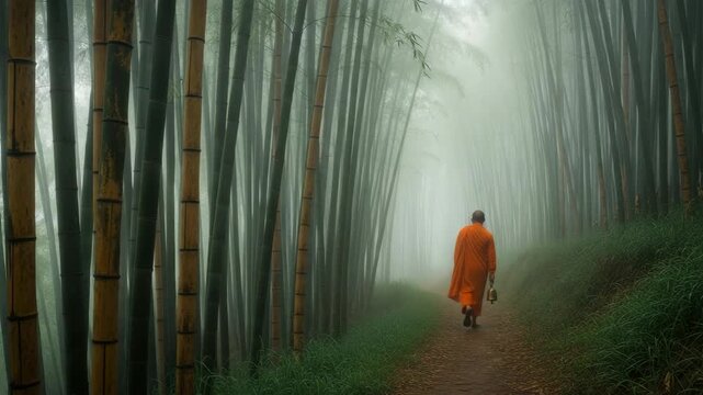 Buddhist monk walking on a path in a foggy bamboo forest. Sequence of a spiritual journey through nature. Concept of meditation, mindfulness, and tranquility in asian culture
