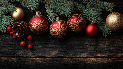 Merry Christmas festive decorations with red and gold baubles and pine branches