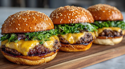 Juicy cheeseburger sandwiches with melted cheese, fresh greens, and sesame buns