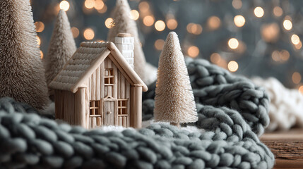 Minimalist side view Scandinavian Christmas scene with a wooden house, pine trees, and knit blanket capturing cozy and serene winter vibes