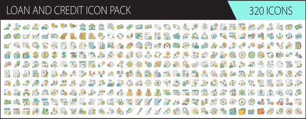 Comprehensive loan and credit icon pack featuring 320 modern business and finance symbols