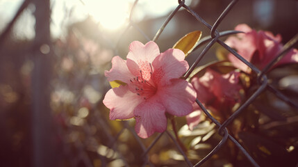 Pink flower blooming behind a chain link fence on a sunny day