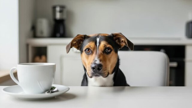Funny dog sitting at the kitchen table with a coffee cup. A cute pet tilts its head in a sequence of expressions while waiting for a morning drink. Humorous animal concept