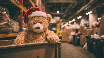 Teddy bear in Santa hat sits in a Donations box for Christmas charity photo