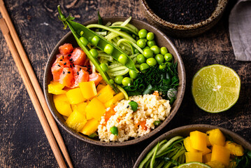 Healthy bowl with salmon and vegetables