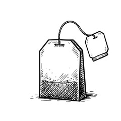 Herbal tea bag with string and tag in hand-drawn style  