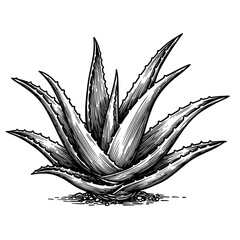 Aloe vera plant illustration in detailed black and white style  