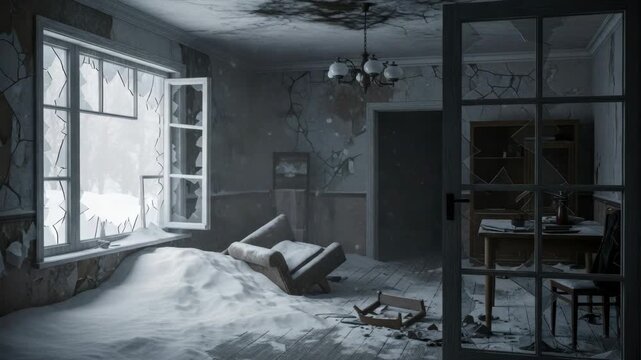 Abandoned room interior filled with snow from a broken window during a winter blizzard. Post apocalyptic scene of a frozen and destroyed house after a climate catastrophe