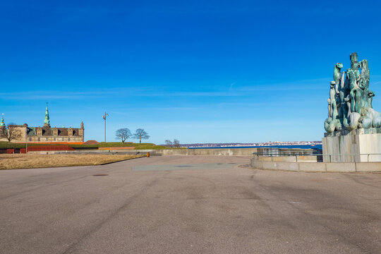 View of Kronborg Castle and Sculpture of Heracles and the Hydra in Helsingor (Elsinore), Denmark