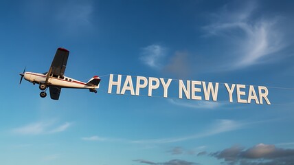 Airplane with banner and writing the phrase "Happy New Year" in smoke in the sky. Abstract image, texture, pattern background, wallpaper, cover and screen for smartphone, PC, laptop, 9:16 and 16:9 for