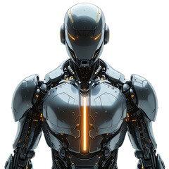 A menacing, highly detailed futuristic robot torso with glowing orange accents against a black background.