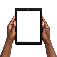 Black hands holding a tablet with a blank white screen against a black background.
