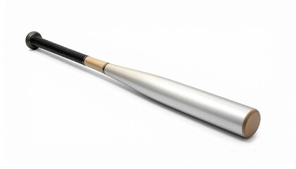 Metallic silver baseball bat with black textured grip handle on neutral background