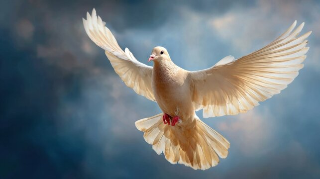 A white dove is flying gracefully with its wings extended wide. The soft blue sky creates a peaceful backdrop highlighting the elegance of the bird. - Powered by Adobe