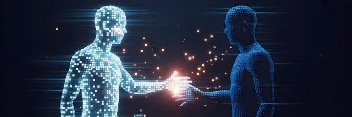 Glowing pixel human figure transferring light/energy to dark silhouette – Suitable for digital consciousness, knowledge transfer, or technology empowerment themes.