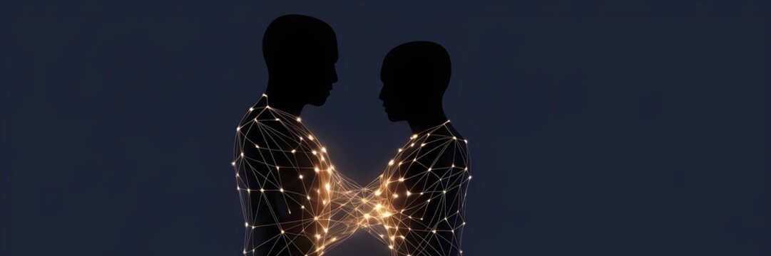 Minimalist illustration of silhouettes linked by glowing golden network of connection – Suitable for abstract technology, trust concepts, or digital communication themes. - Powered by Adobe