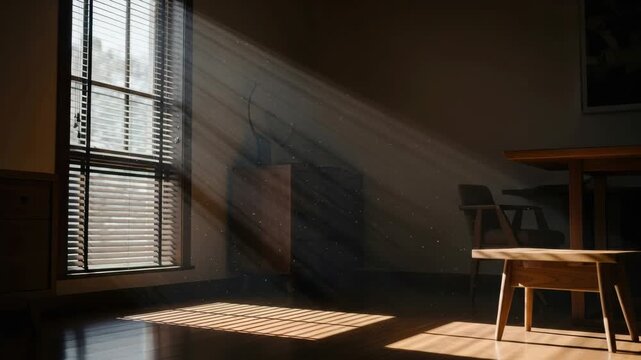 Morning sunlight streams through venetian blinds casting long shadows on a wooden floor. Dust motes float in the warm light beams creating a calm and nostalgic atmosphere