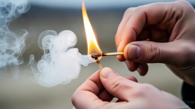 Closeup of a person's hands lighting a wooden matchstick creating a bright orange flame. Composite image showing the sequence of ignition from striking to a steady burn with smoke