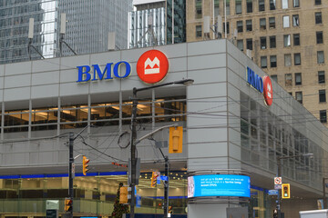 Fototapeta premium BMO Bank of Montreal corporate logo outside First Canadian Place, King and Bay, Toronto
