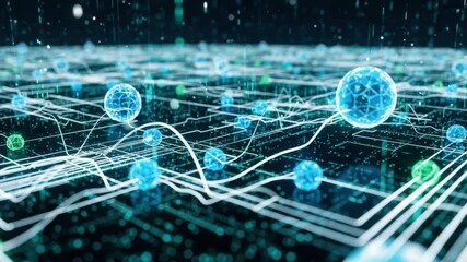 Panoramic visualization of a glowing digital network with interconnected nodes. Abstract concept for big data, artificial intelligence, and blockchain technology systems - Powered by Adobe