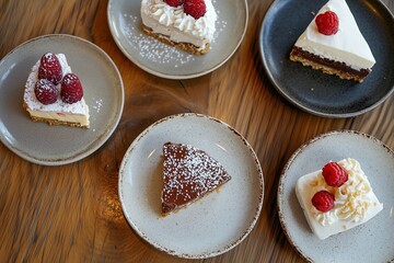 Overhead shot of five assorted artisan desserts on mismatched plates, featuring textures of cream, chocolate, and fruit, creating a delightful visual feast for dessert lovers