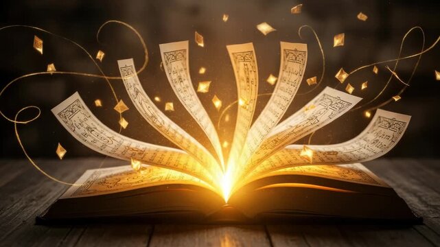 Magical old book with glowing pages flying out in a swirl of golden light. A fantasy concept for storytelling, ancient knowledge, religious scripture or education