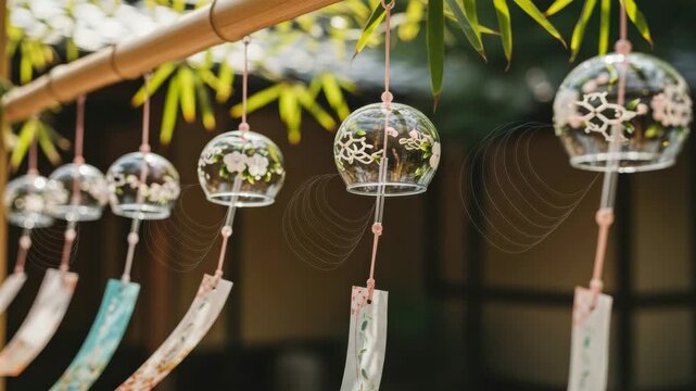 Traditional japanese furin wind chimes hanging from a bamboo pole in a summer garden. Glass bells with floral patterns create a peaceful and relaxing atmosphere