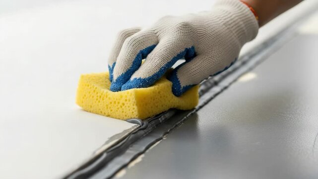 Construction worker in a protective glove carefully cleaning excess grout from tile seams with a sponge. Professional tiling and finishing work for a home improvement project