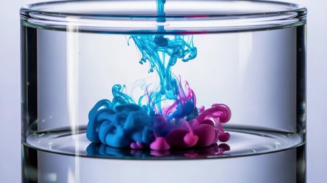 Triptych sequence showing blue and magenta ink dissolving in a glass of water. Abstract background with vibrant liquid motion and colorful fluid dynamics for a creative project