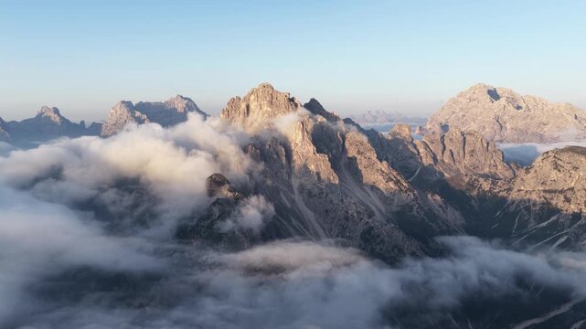 Cinematic aerial video of the Cadini di Misurina mountain in the Italian Dolomites