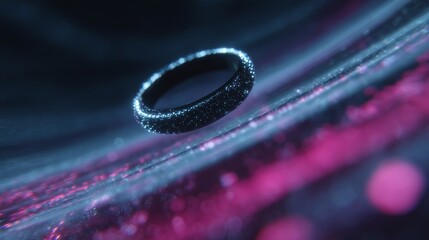 Smart ring hovering in a glowing holographic interface, surrounded by vibrant light trails and particles, showcasing futuristic technology and innovation in a digital environment