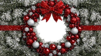 Festive snow-covered christmas wreath with red ornaments and bow