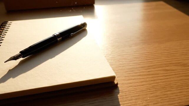 A sunlit workspace featuring a fountain pen resting on a blank notepad, with warm light illuminating the scene