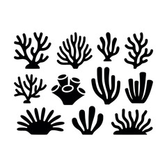 Fototapeta premium Coral silhouette set, marine shapes, ocean flora, reef design, underwater icons, black coral forms, sea life, nature illustration, biodiversity