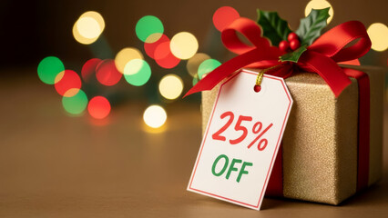 Gold gift box with 25% off tag. Christmas and New Year holiday discounts.