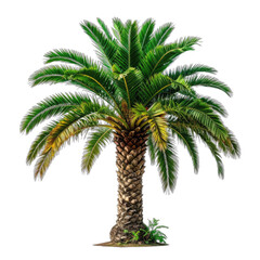 Obraz premium Vibrant palm tree with lush green fronds against a stark black background.